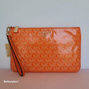 MICHAEL KORS Signature Logo Jet Set Large Top Zip Pouch/Wristlet- Apricot